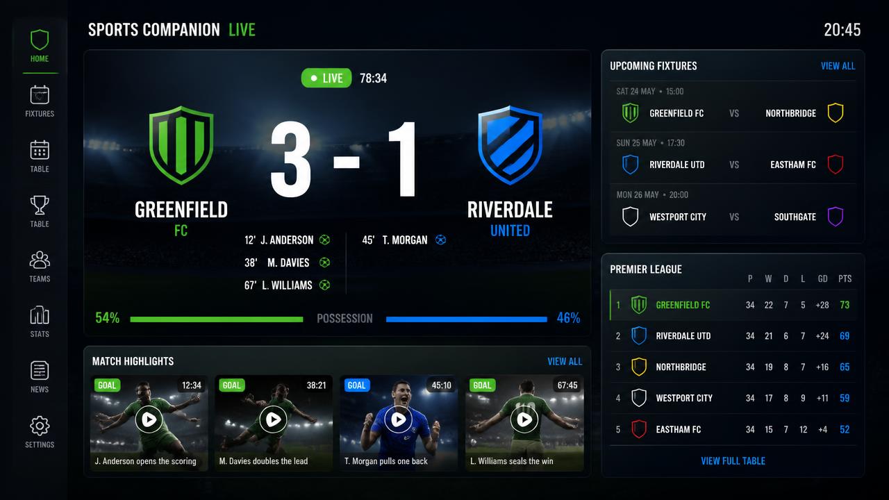 Sports TV dashboard with large live scoreboard, fixtures, league table and highlights rail