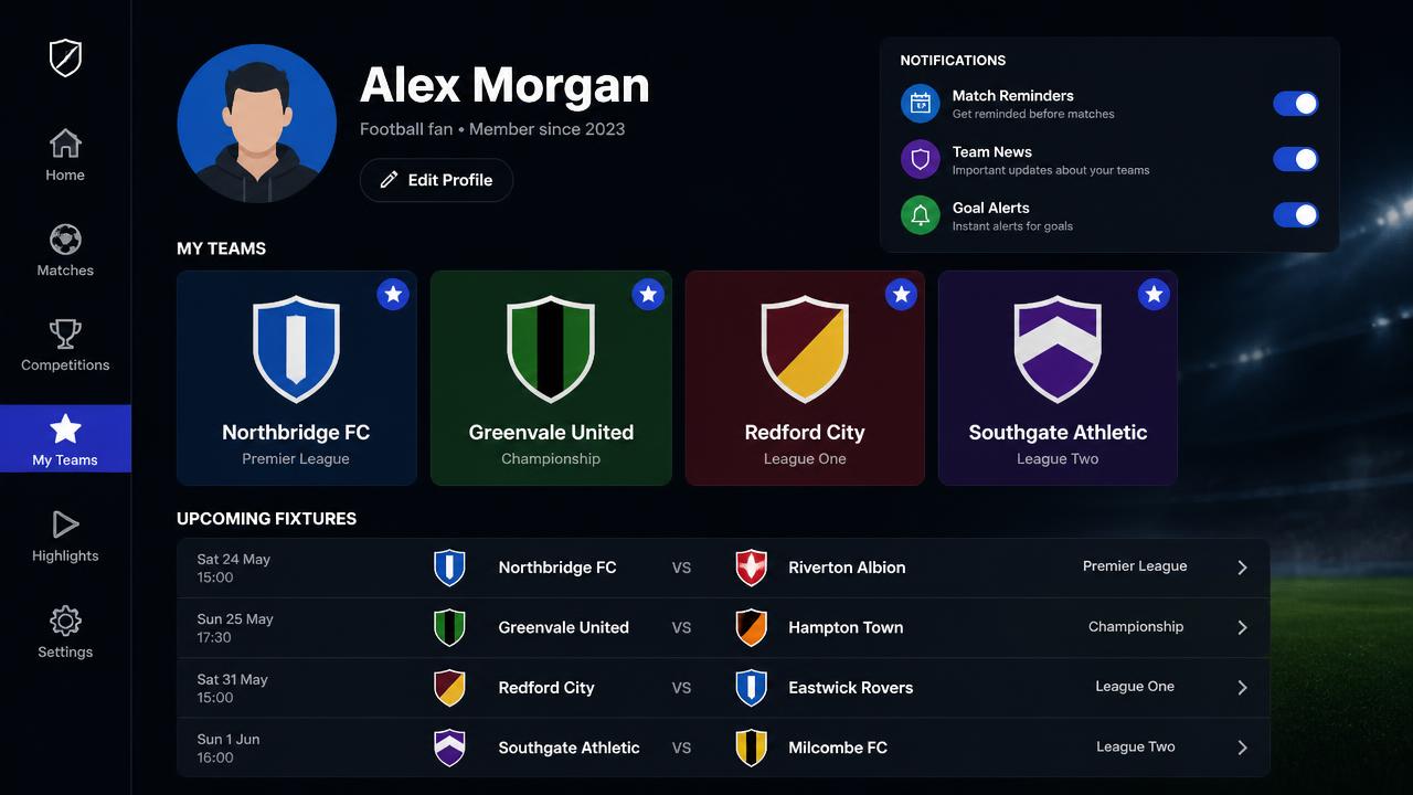 Sports profile screen with followed teams, notification toggles and upcoming fixtures