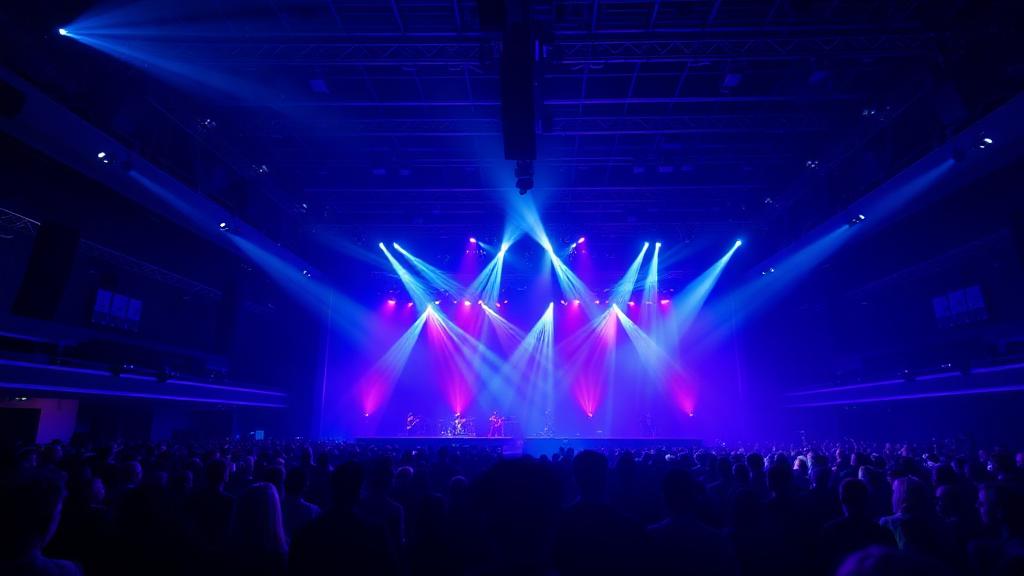 Live event stage under violet and blue lighting seen from the audience