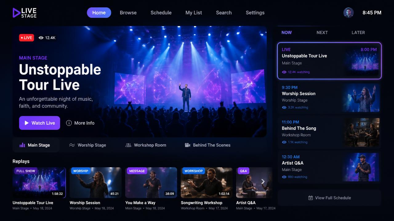 Event streaming dashboard with live stage hero, stage switcher, now-next-later schedule and replays