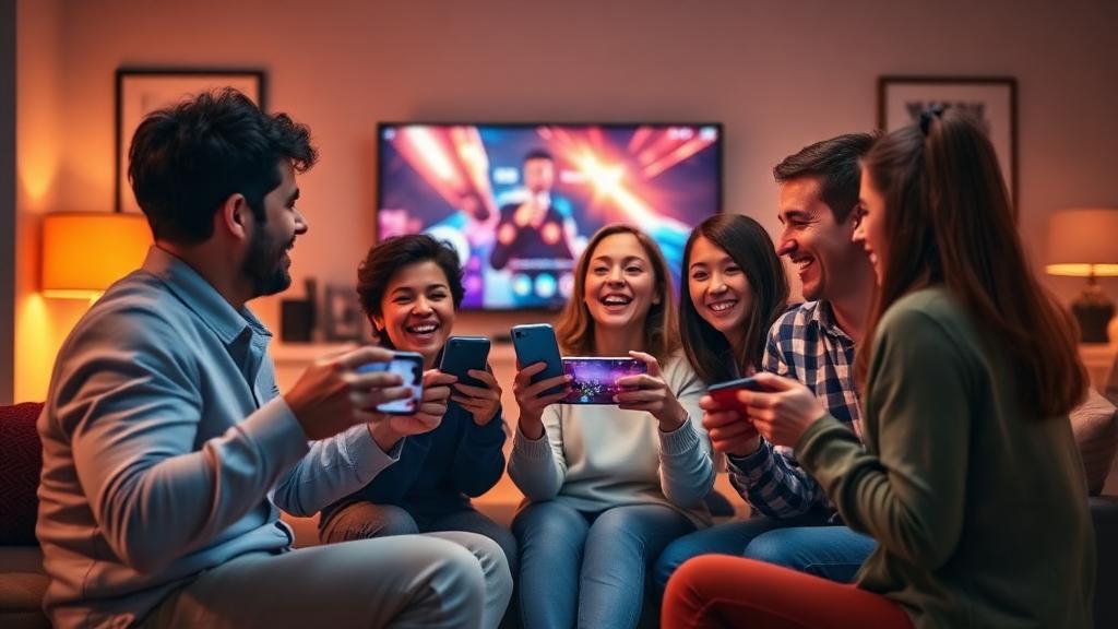 Family playing a phone-controlled party game in front of a television