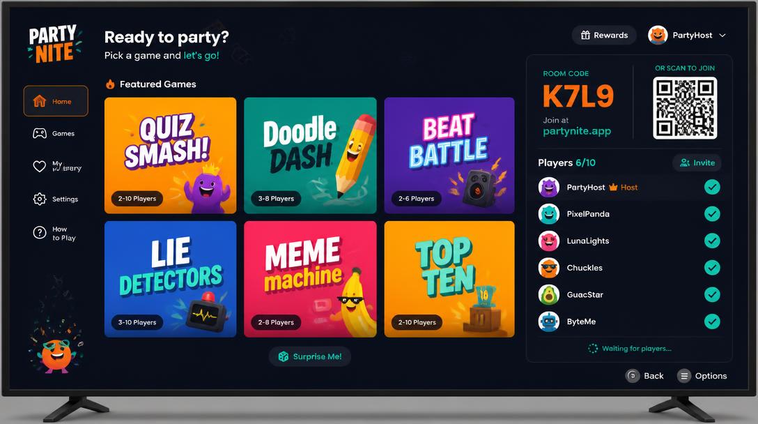 TV party game hub with colourful game tiles, room code, QR pairing and player lobby