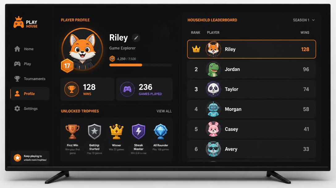 TV player profile with level badge, win stats, trophies and a household leaderboard