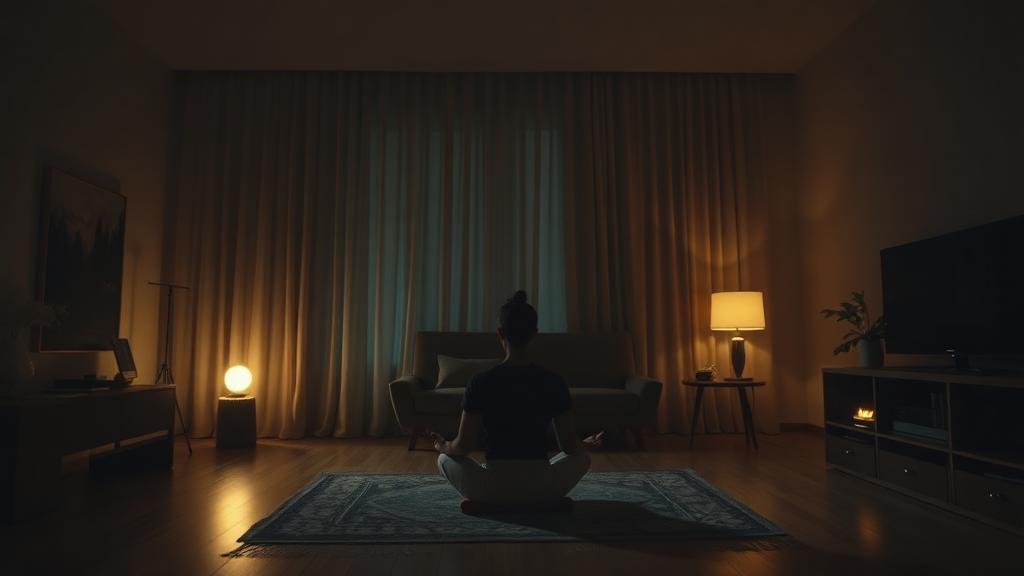 Dimly lit living room with a person meditating at night