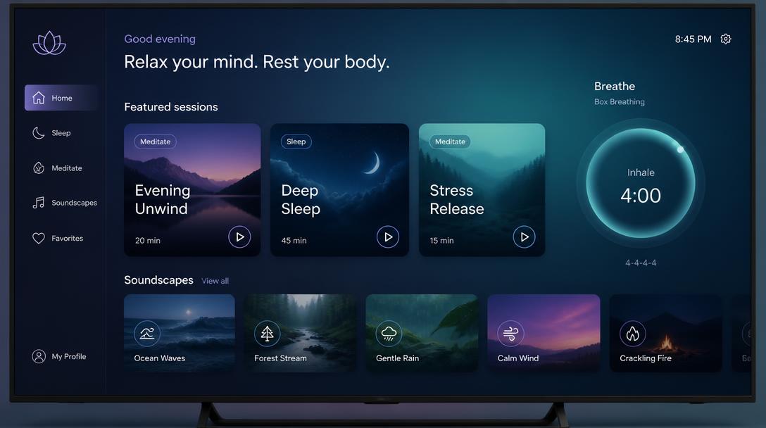 TV meditation home screen with session cards, a breathing circle and soundscape rail