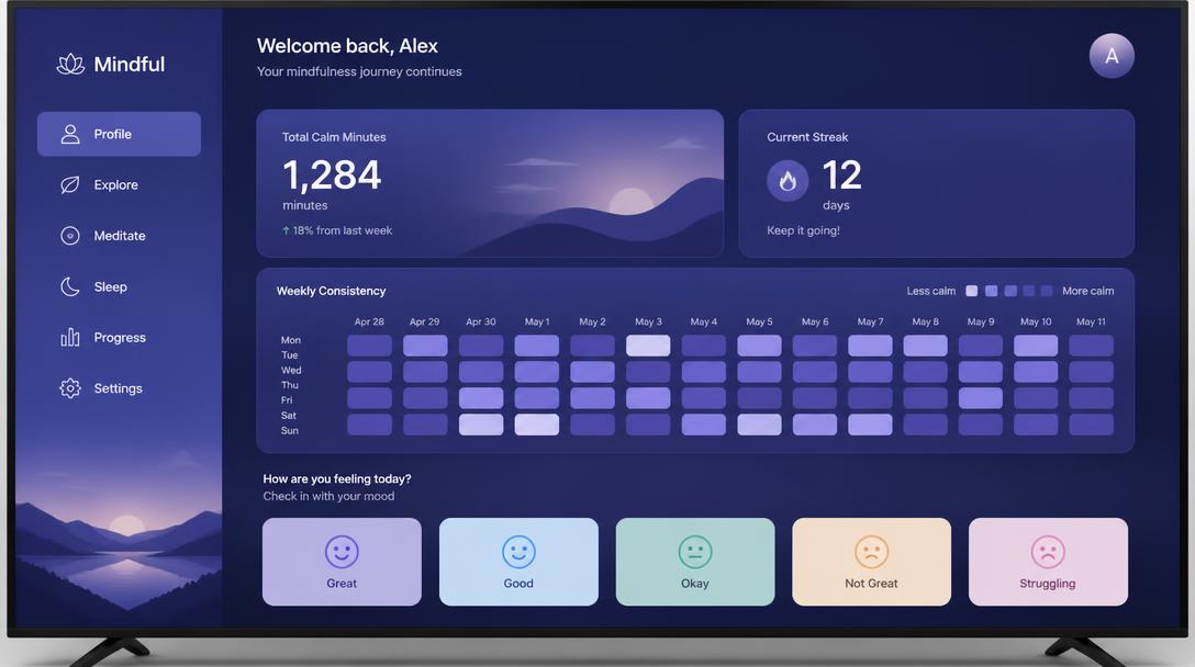 TV wellbeing profile with calm minutes, a weekly consistency heatmap and mood check-in